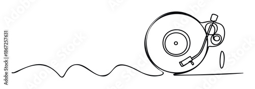 A minimalist oneline drawing of a vinyl record player with a stylus and a wavy sound line illustrates the timeless charm of music for various entertainment and media presentations.