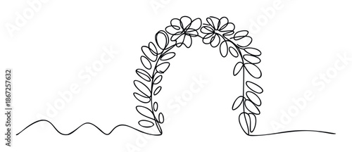 Continuous line drawing of a delicate floral arch with leaves and two blossoms, perfect for elegant wedding invitations, greeting cards, or decorative graphic design projects.