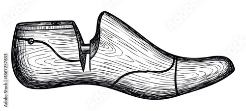 Hand drawn vintage wooden shoetree for footwear shaping and stretching used in traditional shoemaking craftsmanship or fashion industry applications