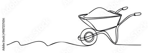 Continuous single line drawing of a garden wheelbarrow transporting material, useful for promoting landscaping, construction, and agricultural services and products.