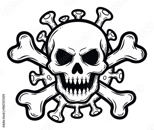 Aggressive skull and crossbones emblem combined with virus spike shapes representing a dangerous pathogen or pandemic for warnings and grim hazard symbolism.