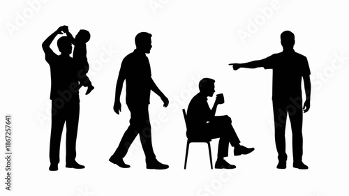 a minimalist depiction showcases silhouettes of five men engaged in varied postures and actions portraying everyday activities and human interaction high quality professional detailed modern elegant