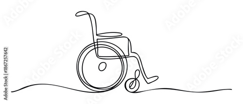 Continuous line drawing of a wheelchair symbolizing accessibility and support for people with disabilities in healthcare and rehabilitation settings for various graphic projects