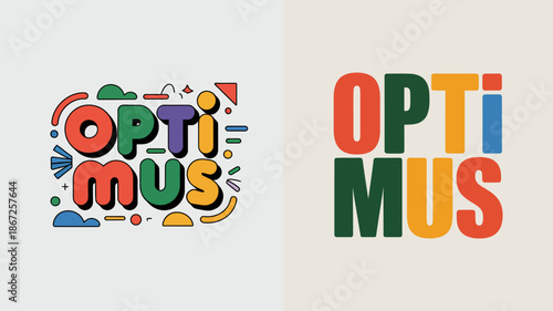 a split composition displays colorful graphic elements on the left alongside bold orange lettering spelling optimus on a warm beige background high quality professional detailed modern