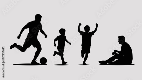 a silhouette depiction of a family s progression through life stages showing a father playing a child running another celebrating and an older man resting