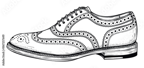 Elegant formal mens wingtip shoe featuring intricate broguing and classic lacing, perfect for traditional menswear advertisements, fashion lookbooks, or luxury apparel branding