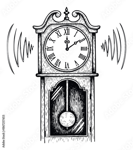 Vintage longcase grandfather clock with Roman numerals and a pendulum striking time, perfect for traditional timekeeping or historical project applications