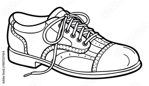 Elegant line drawing of a classic mens dress shoe featuring intricate brogue details and laces, ideal for fashionrelated content, clothing catalogs, or sophisticated print materials.