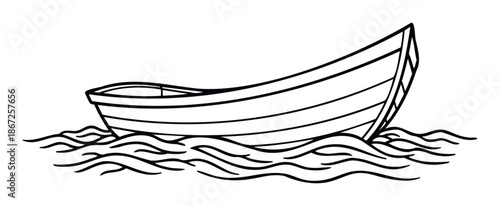Simple black and white outline drawing of a wooden boat gently floating on stylized waves, perfect for childrens books, educational content, or nauticalthemed graphic projects