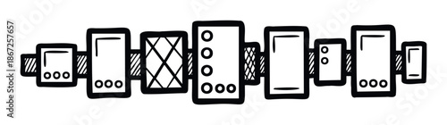 Abstract black and white graphic element featuring connected rectangular shapes with various internal patterns, ideal for contemporary digital presentations, website headers, or unique