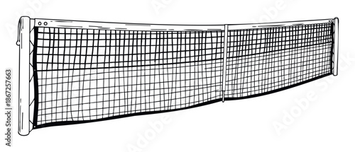 Black line drawing of a court net with support posts, ideal for depicting various racket sports, competitive games, and outdoor recreation activities.