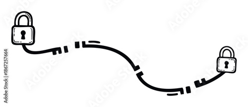 Drawing of two padlocks connected by a fragmented wavy line depicting secure digital link a journey of connection or potential data breach for cybersecurity and technology visual aids