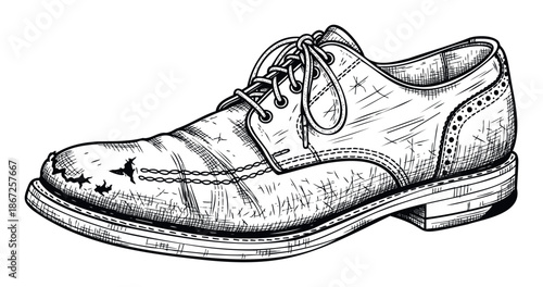 Detailed black and white engraving of a worn mens dress shoe featuring traditional broguing and laces, perfect for evoking vintage style or storytelling themes.