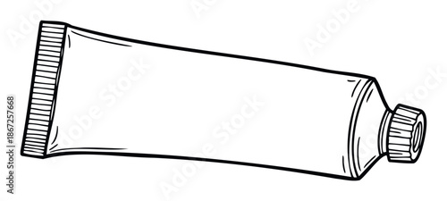 Simple hand drawn outline of a squeeze tube for packaging various liquid or paste products, useful for consumer goods presentations and educational materials
