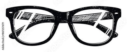 Black hand drawn eyeglasses sketch featuring thick frames and reflection lines for optical eyewear concepts, fashion accessories, or vision related media projects