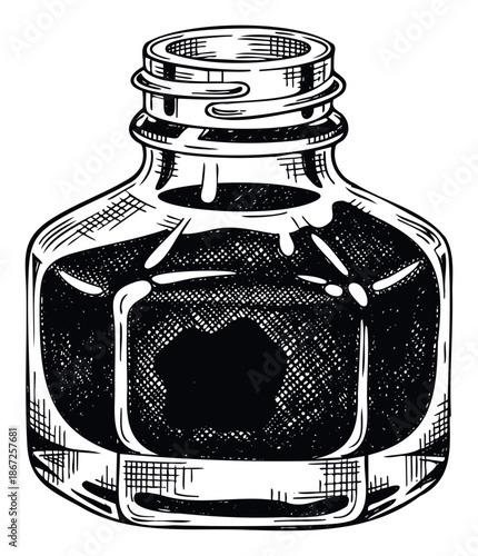 Authentic open inkwell bottle filled with dark writing fluid, rendered in a detailed vintage engraving style, excellent for historical graphic projects, educational stationery, or literary