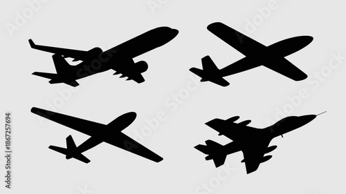 a minimalist composition showcases four distinct black silhouettes of airplanes viewed from above suggesting flight and aviation themes high quality professional detailed modern elegant stylish clean