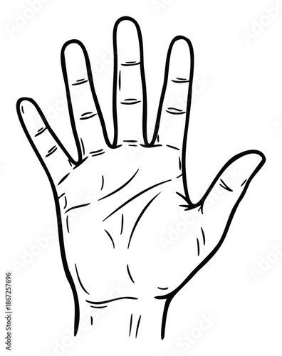 Simple hand drawing outline showing human palm with widely spread fingers for versatile use in educational content or symbolic graphic design projects
