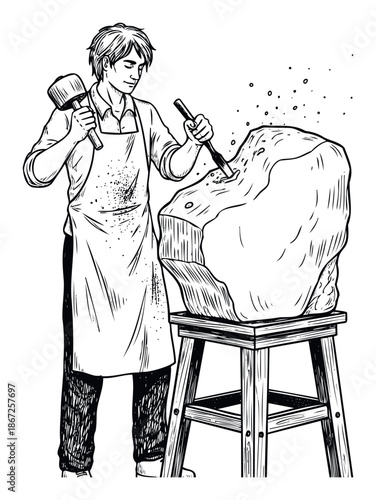 Young male sculptor passionately carves a raw stone block with a hammer and chisel, creating a unique artwork for craft and hobby promotions and educational content