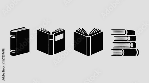 a minimalist illustration showcases four distinct black book icons varying in style from closed to fully open on a light gray background high quality professional detailed
