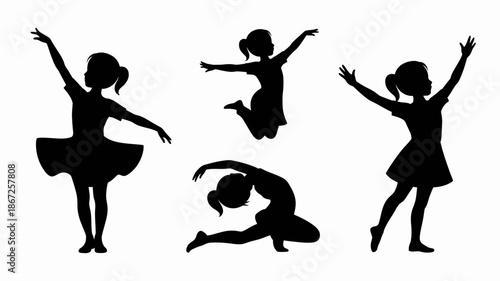 a playful silhouette illustration depicts three young girls joyfully engaged in various dynamic dance poses against a clean white background high quality professional detailed modern elegant