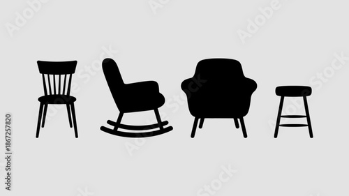 a minimalist depiction showcases four distinct silhouettes of furniture items a chair rocking chair armchair and stool against a neutral background high quality professional detailed modern