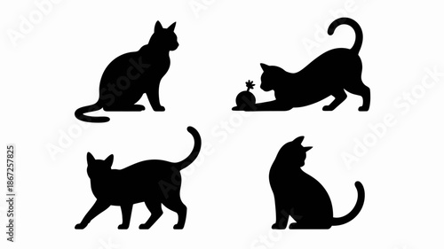 silhouette depictions of four cats in various poses including sitting stretching and dining presented in a minimalistic black and white style high quality professional detailed modern