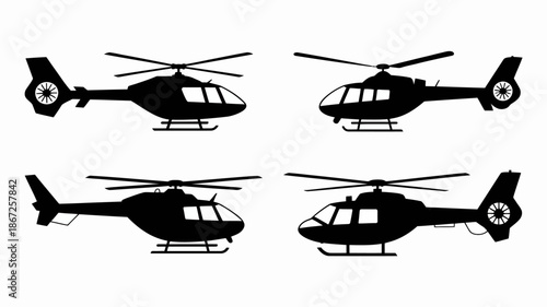 the image depicts four black silhouette illustrations of helicopters showcasing different perspectives of the aircraft s design and structure high quality professional detailed modern elegant stylish