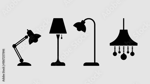 a simple illustration depicts four distinct types of lamps in black silhouettes against a neutral grey background showcasing varied designs high quality professional detailed modern elegant