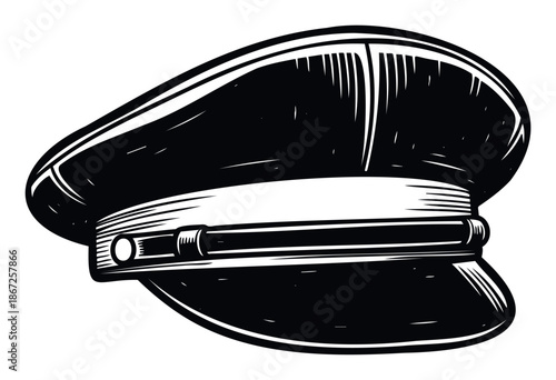 Distinctive black and white graphic showing a classic peaked uniform cap, excellent for conveying authority, leadership, or vintage professional themes in various media projects.