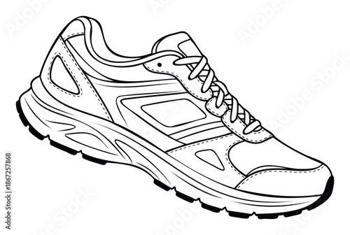 Black and white outline drawing of a contemporary athletic running shoe perfect for active lifestyle promotions, sports equipment catalogs, fitness training guides, or sportswear