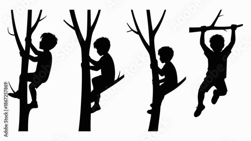 a silhouette depiction of a child progressing through stages of climbing a tree showcasing playful activity and growth high quality professional detailed modern elegant stylish clean