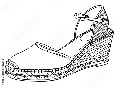 Elegant black and white line drawing of a womens espadrille wedge shoe with ankle strap perfect for summer footwear catalogs and apparel advertisements