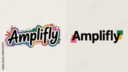 the image displays the word amplify in a colorful whimsical font on the left and a bolder modern font on the right high quality professional detailed