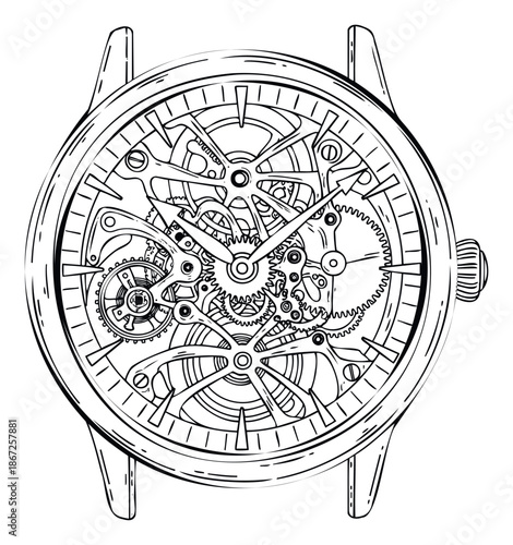 Close up view of a sophisticated openface mechanical watch showcasing its intricate clockwork and gears, suitable for timepiece presentations or precision mechanics studies.