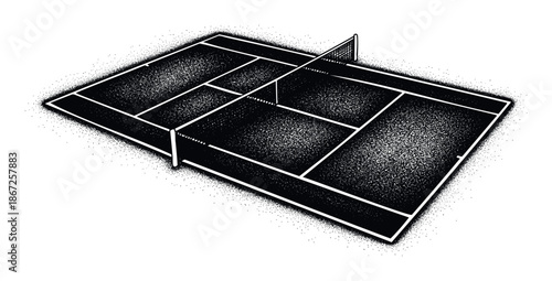 Dynamic grainy textured illustration of a tennis court featuring a net and clear white boundary lines, ideal for athletic apparel branding, sports event invitations, or gamerelated visual