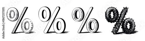 Collection of handdrawn percentage symbols in diverse sketch and textured styles, ideal for financial reports, discount advertisements, educational materials, and business presentations.