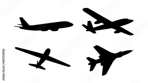 a minimalistic depiction showcases four black silhouettes of airplanes in flight against a clean white background conveying a sense of aviation high quality professional detailed modern