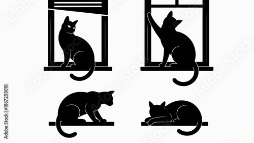 a minimalist depiction showcases silhouettes of black cats within and around window frames creating a playful and modern aesthetic high quality professional detailed elegant stylish clean