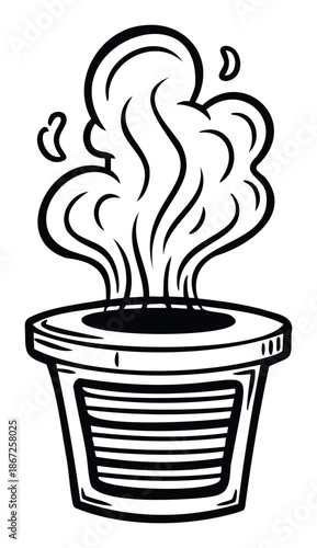 Graphic representation of warm vapor emanating from a round pot, ideal for conveying freshness, cooking, or steaming processes in culinary, spa, or household product marketing materials and