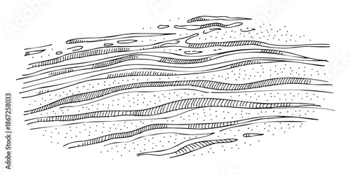 Hand drawn geological cross section depicting layered earth formations and rock strata ideal for earth science education and environmental study diagrams.