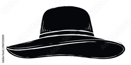 Bold wide brim sun hat silhouette with unique textured lines ideal for summer apparel advertisements and casual vacation resort style graphics.