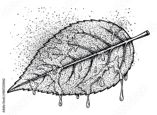 Hand drawn leaf covered in water droplets and dripping liquid, excellent for nature themed visuals, organic product packaging, or environmental awareness campaigns