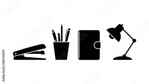 a minimalist depiction of office supplies including a stapler pen holder with pens notebook and a desk lamp all in black silhouettes high quality professional detailed