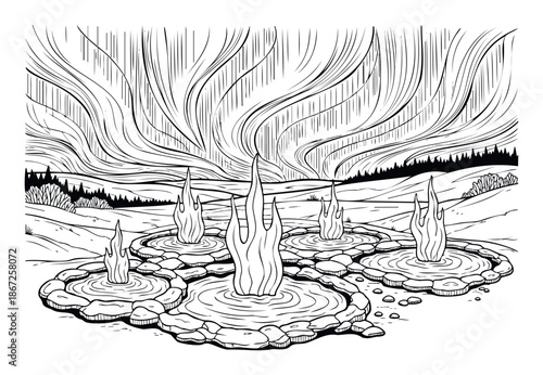 Monochrome line drawing of an active geothermal landscape featuring steaming geysers surrounded by hills and pine trees under a dynamic aurora borealis sky, useful for educational and