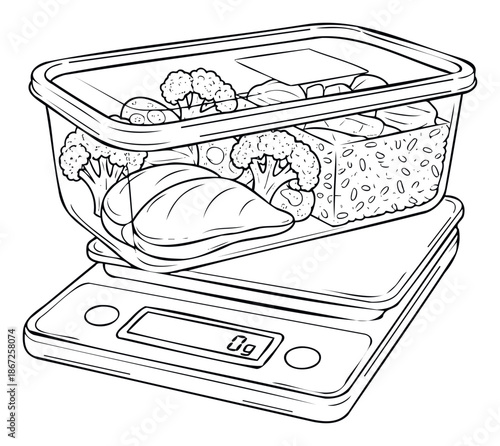 Meal prep container with cooked chicken breast, broccoli florets, and rice on a digital kitchen scale for tracking nutrition and healthy eating habits, suitable for fitness blogs and diet