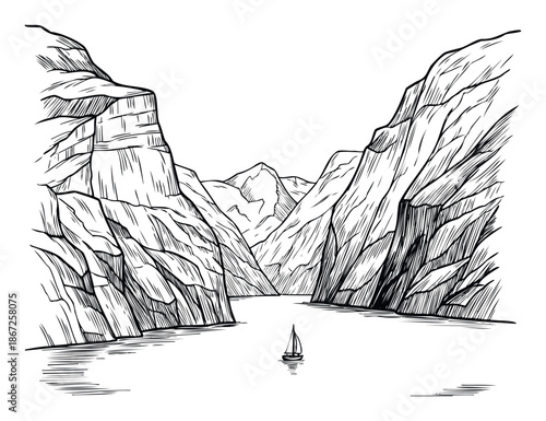 Hand drawn black and white landscape of a majestic fjord surrounded by towering mountains and cliffs with a tiny sailboat navigating the calm waters, perfect for travel and nature