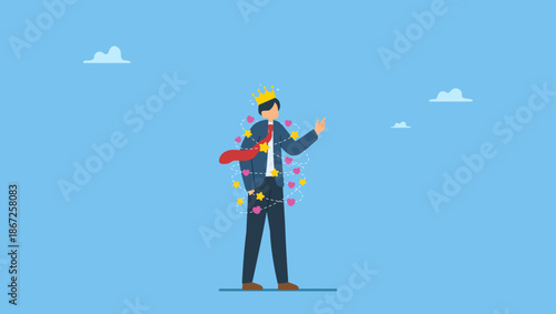Narcissism businessman admire himself and proud of his crown with love and stars around. Narcissist people, extreme self involvement too much confident disorder, so proud attitude egocentric person.