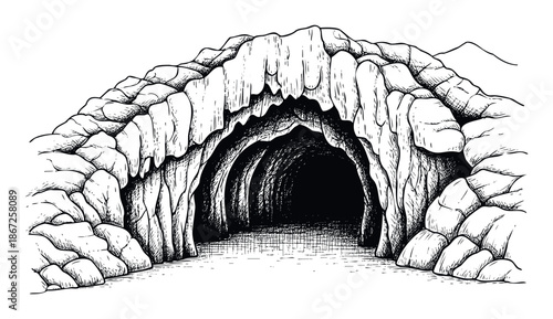 Detailed engraving style artwork depicting a mysterious dark cave entrance carved into rugged rock formations, ideal for adventure themes, historical documentation, or fantasy worldbuilding