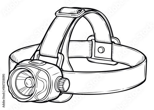 A detailed black line drawing of a modern headlamp with adjustable straps and a prominent light source, ideal for representing outdoor adventure, nocturnal exploration, or essential camping